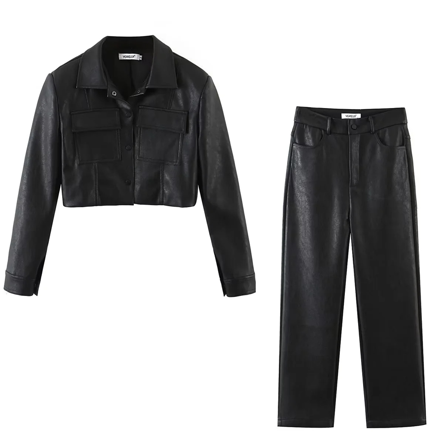 Fashion Black Pu Lapel Short Jacket Pants Set,Coat-Jacket