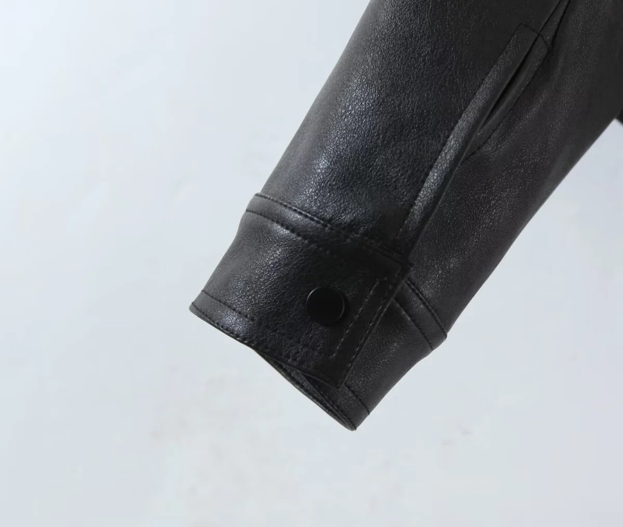 Fashion Black Pu Lapel Short Jacket Pants Set,Coat-Jacket