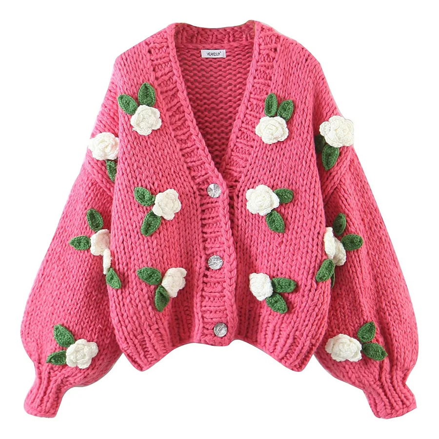 Fashion Rose Pink Acrylic Hand-knit Floral Jacket,Sweater