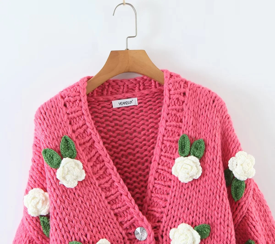 Fashion Rose Pink Acrylic Hand-knit Floral Jacket,Sweater