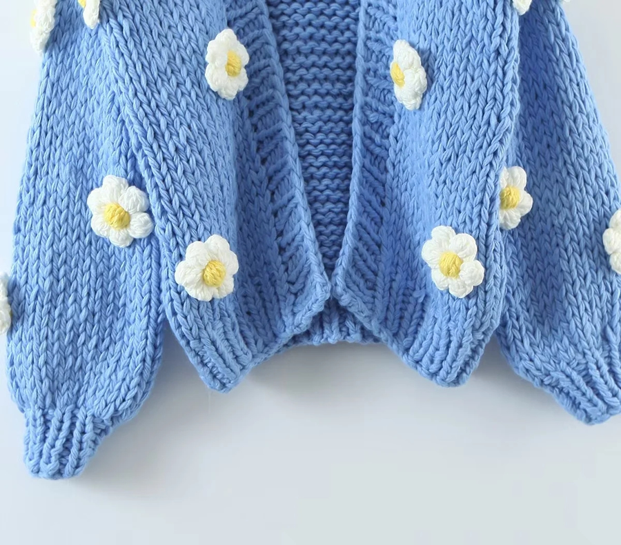 Fashion Blue Acrylic Hand-knit Floral Jacket,Sweater