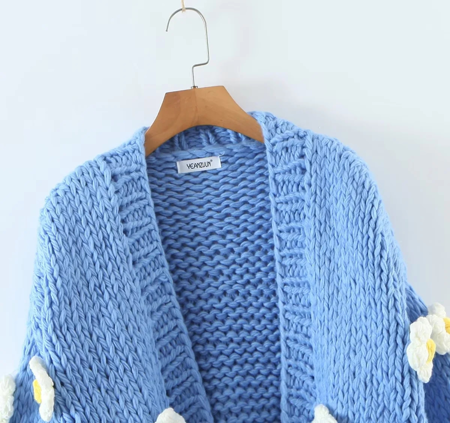 Fashion Blue Acrylic Hand-knit Floral Jacket,Sweater