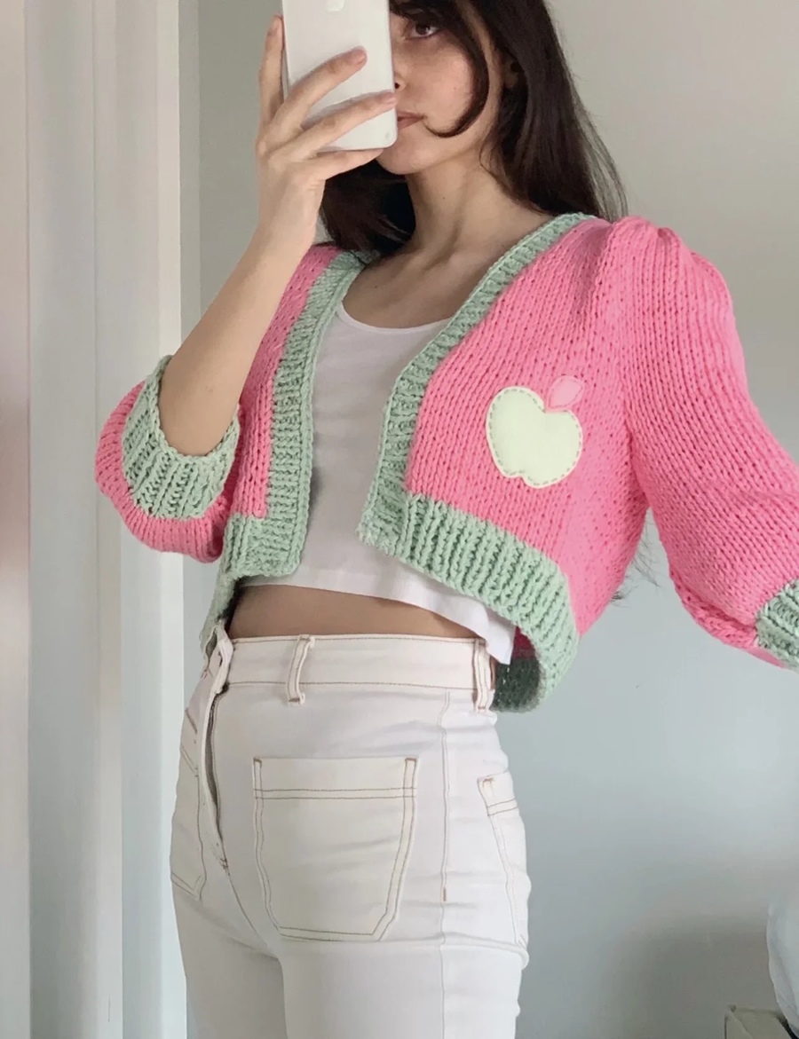 Fashion Rose Pink Acrylic Knit Apple Cardigan Sweater,Sweater