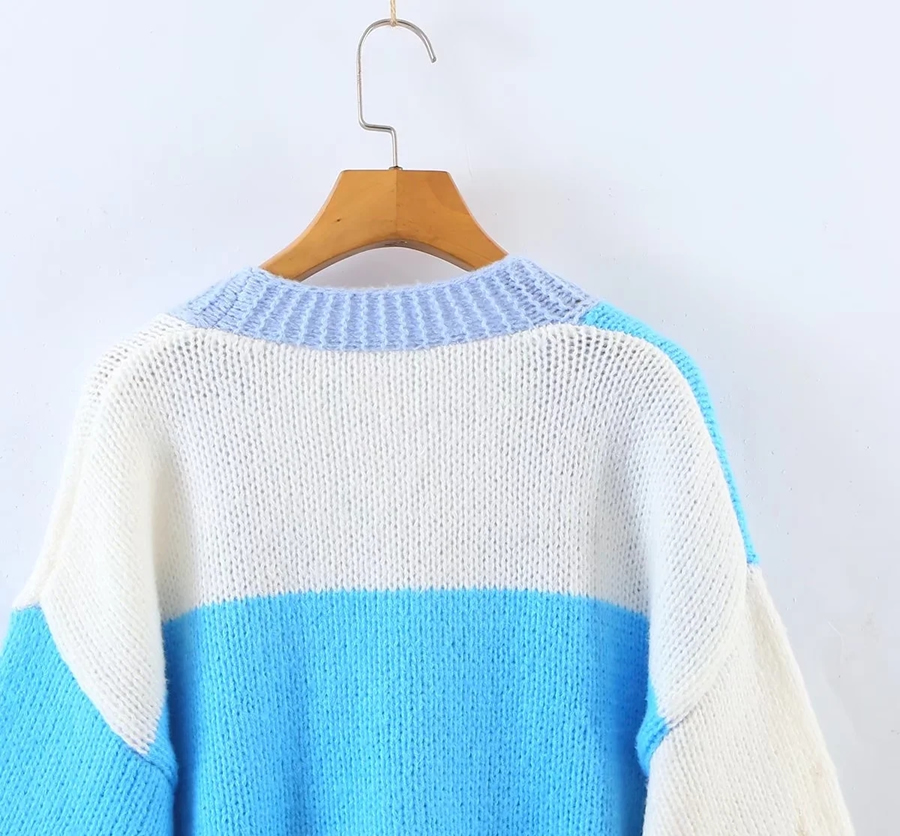 Fashion Blue Deer Plush Knit Floral Cardigan Sweater,Sweater