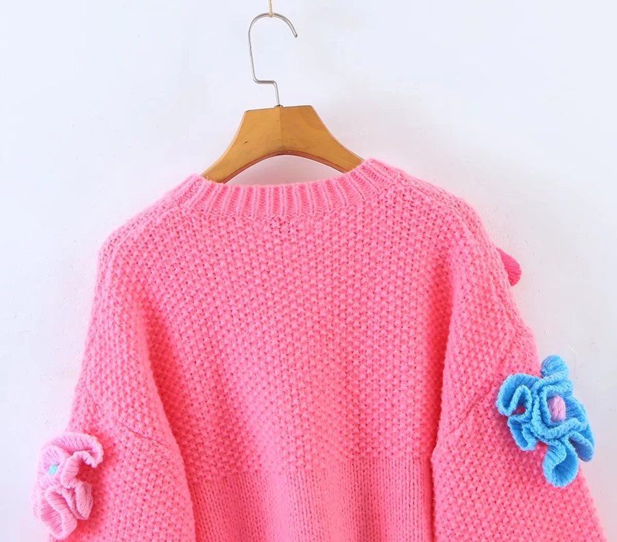 Fashion Rose Pink Deer Plush Knit Floral Cardigan Sweater,Sweater
