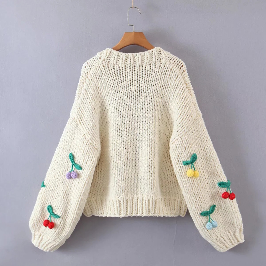 Fashion Khaki Acrylic Knit Cherry Cardigan Sweater,Sweater