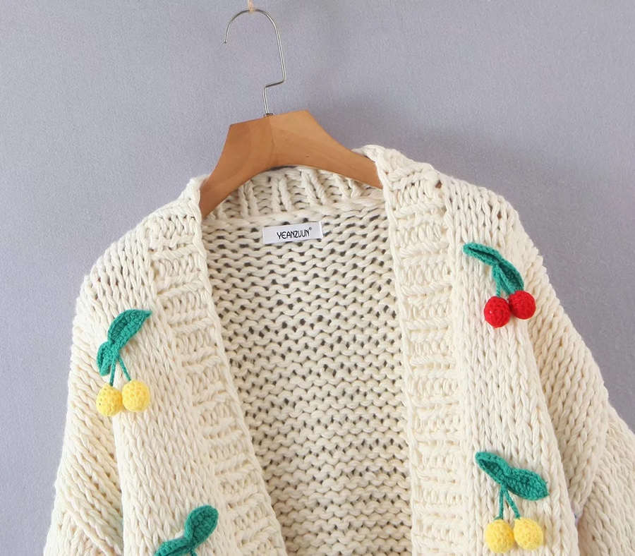 Fashion Khaki Acrylic Knit Cherry Cardigan Sweater,Sweater