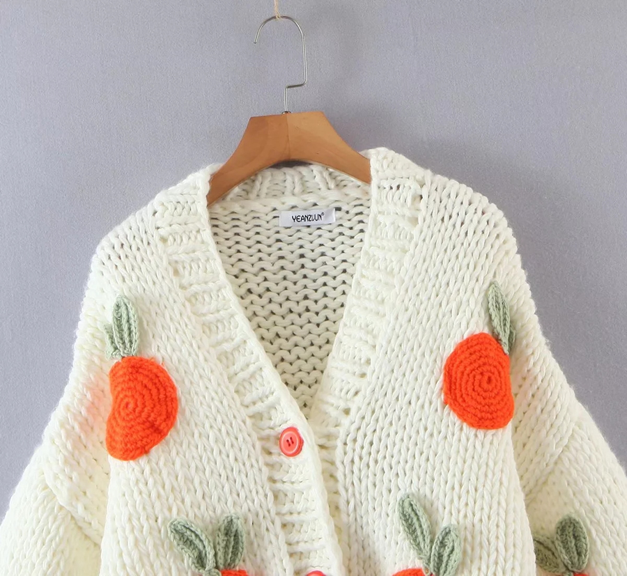 Fashion Creamy-white Acrylic Knit Floral Cardigan Sweater,Sweater
