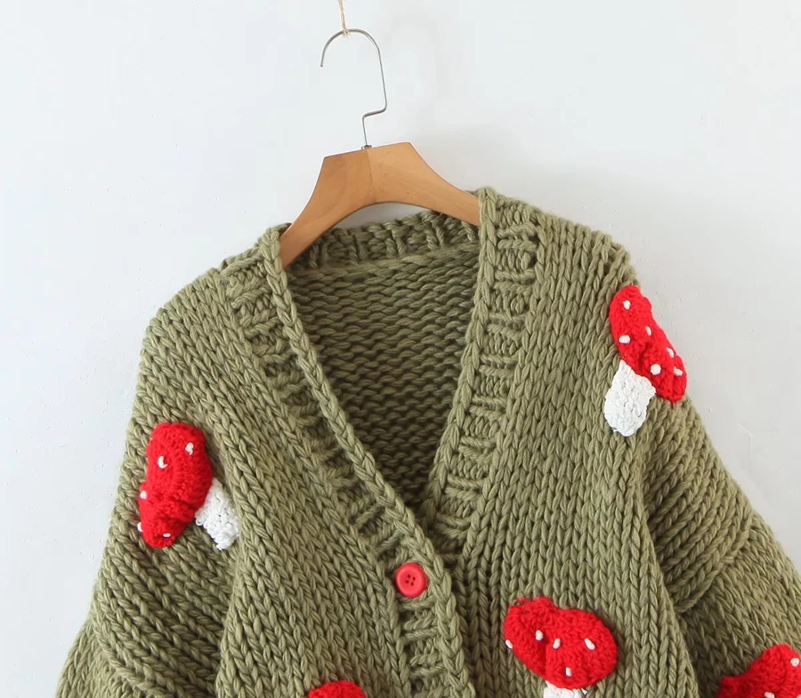 Fashion Army Green Acrylic Knit Mushroom Sweater Jacket,Sweater