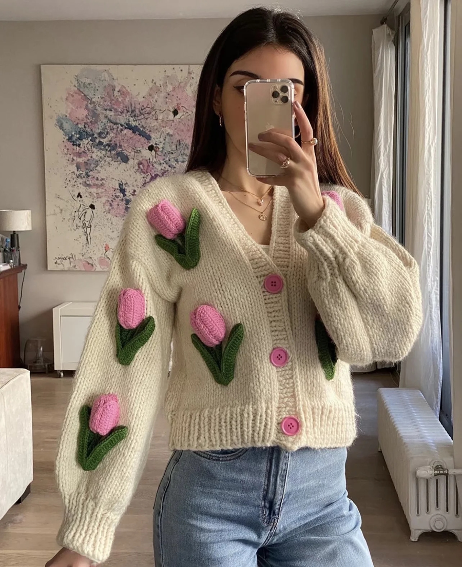 Fashion Creamy-white Acrylic Knit Floral Cardigan Sweater,Sweater