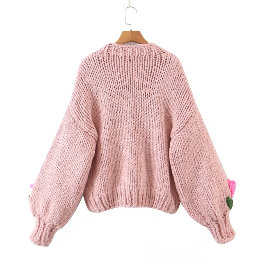 Fashion Pink Acrylic Knit Floral Cardigan Sweater,Sweater
