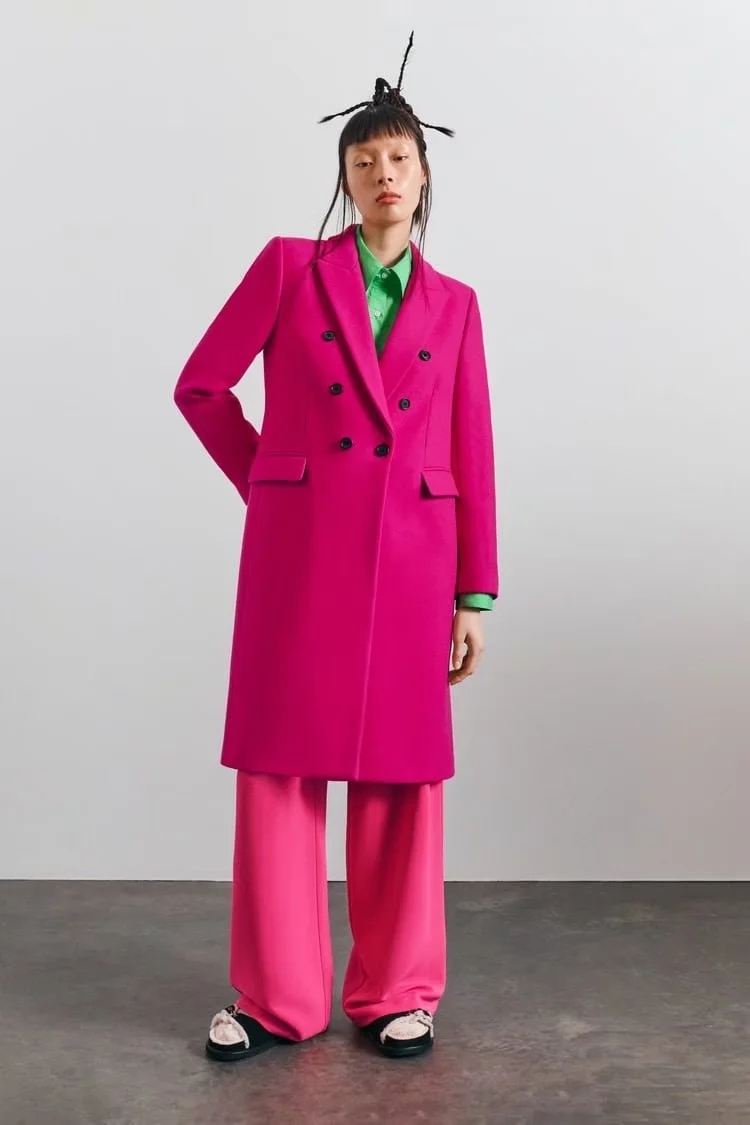 Fashion Rose Red Double-breasted Overcoat With Woven Pockets,Coat-Jacket