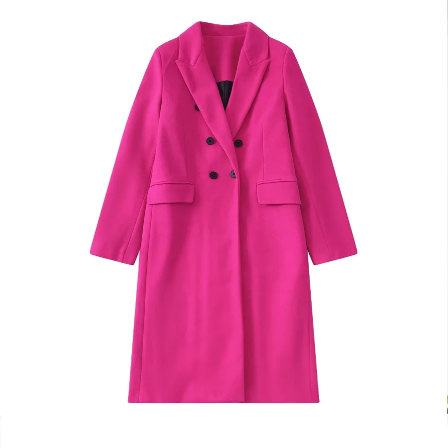 Fashion Rose Red Double-breasted Overcoat With Woven Pockets,Coat-Jacket