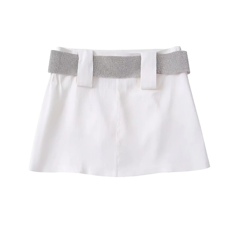 Fashion White Shiny Belted Skirt,Skirts