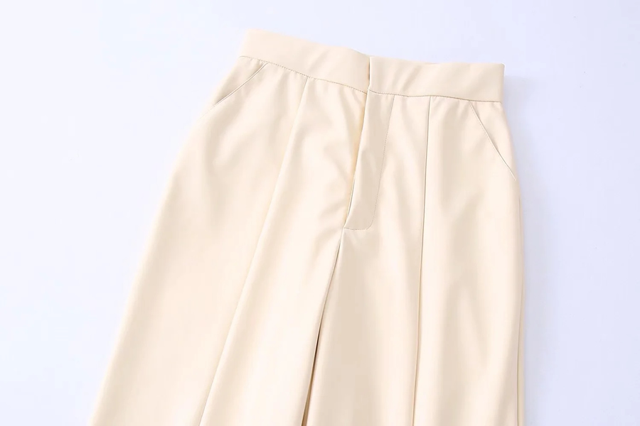 Fashion Apricot Faux Leather Straight-leg Trousers,Pants