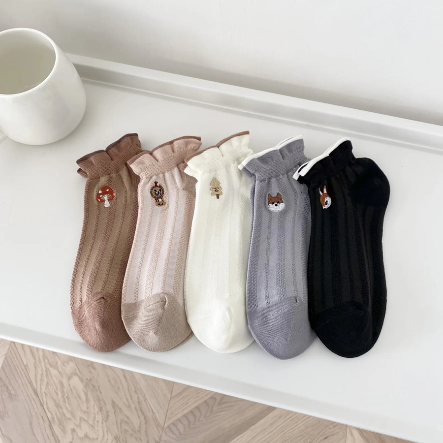 Fashion Five Pairs Animal And Plant Embroidered Bubble Mouth Cotton Socks Set,Fashion Socks