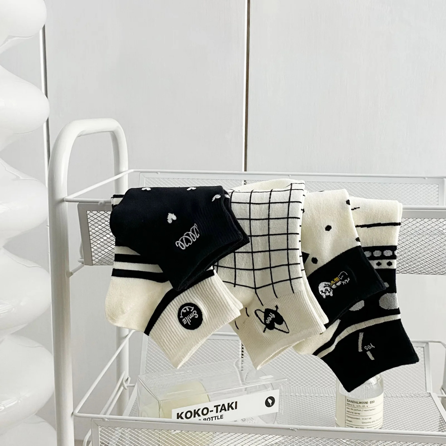 Fashion Five Pairs Letter Heart Kitten Embroidered Plaid Striped Cotton Socks Set,Fashion Socks