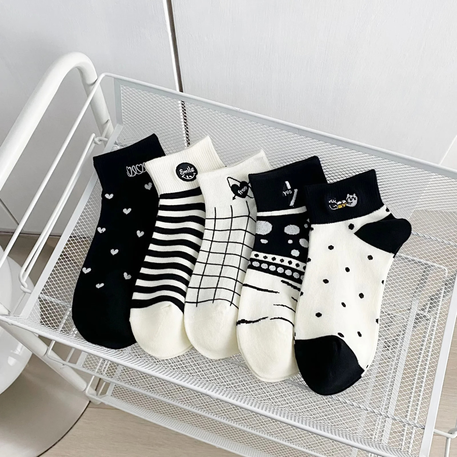 Fashion Five Pairs Letter Heart Kitten Embroidered Plaid Striped Cotton Socks Set,Fashion Socks