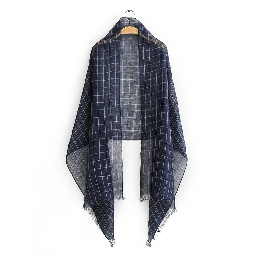 Fashion Navy Blue Check Linen Scarf,Thin Scaves