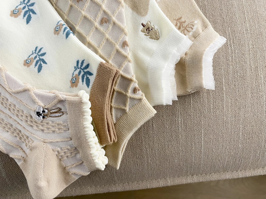 Fashion Five Pairs Lace Socks Rabbit Flower Plaid Embroidered Cotton Socks Set,Fashion Socks