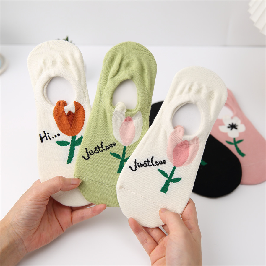 Fashion Green Geometric Knitted Three-dimensional Flower Silicone Invisible Boat Socks,Fashion Socks