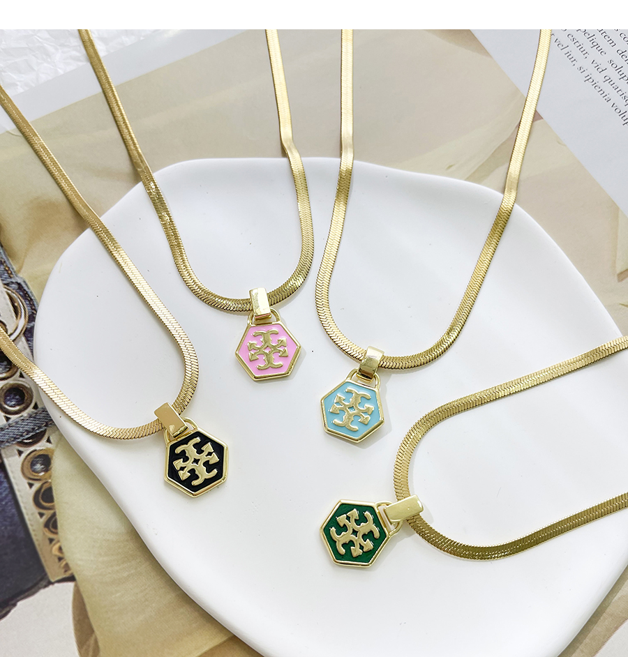 Fashion Lake Green Titanium Steel Drip Pattern Hexagon Pendant Snake Necklace,Necklaces