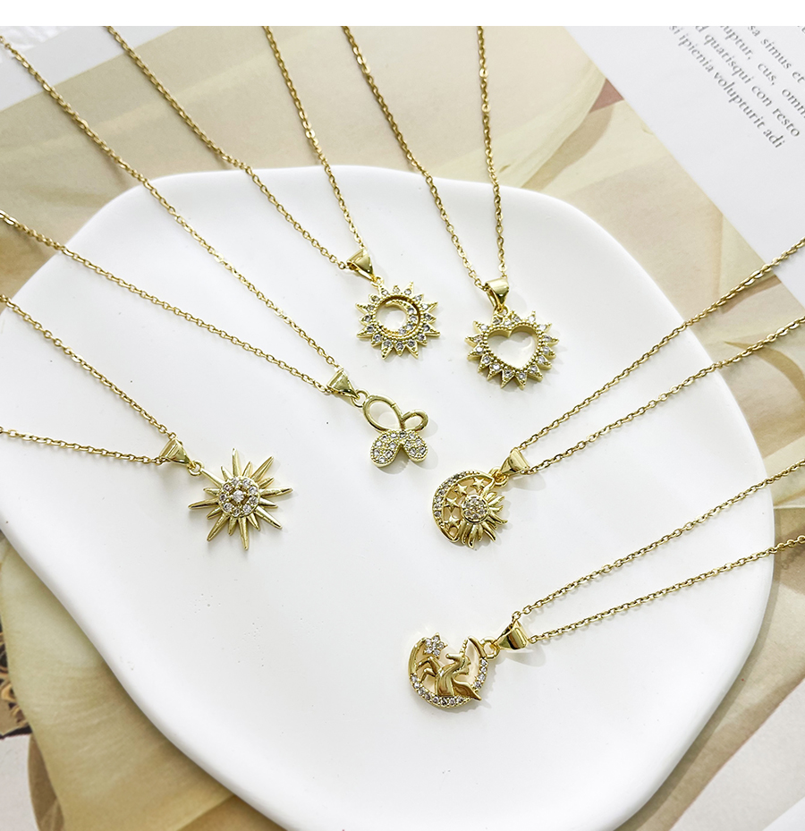 Fashion Golden 5 Bronze Zircon Crescent Sun Pendant Necklace,Necklaces