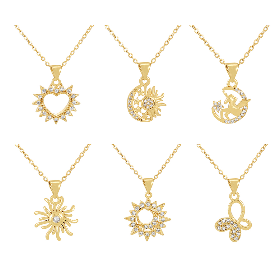 Fashion Golden 5 Bronze Zircon Crescent Sun Pendant Necklace,Necklaces