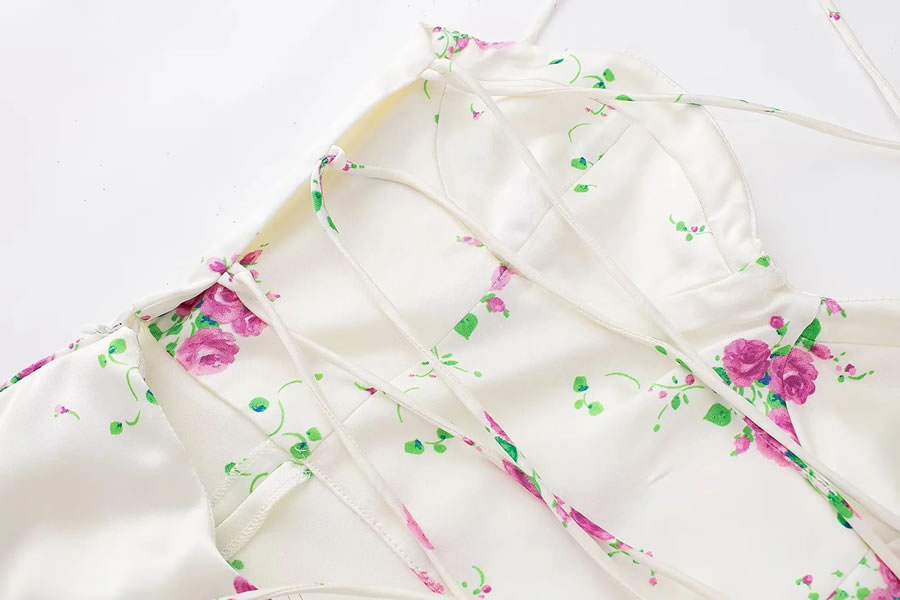 Fashion White Satin-print Cross-back Slip Dress,Long Dress