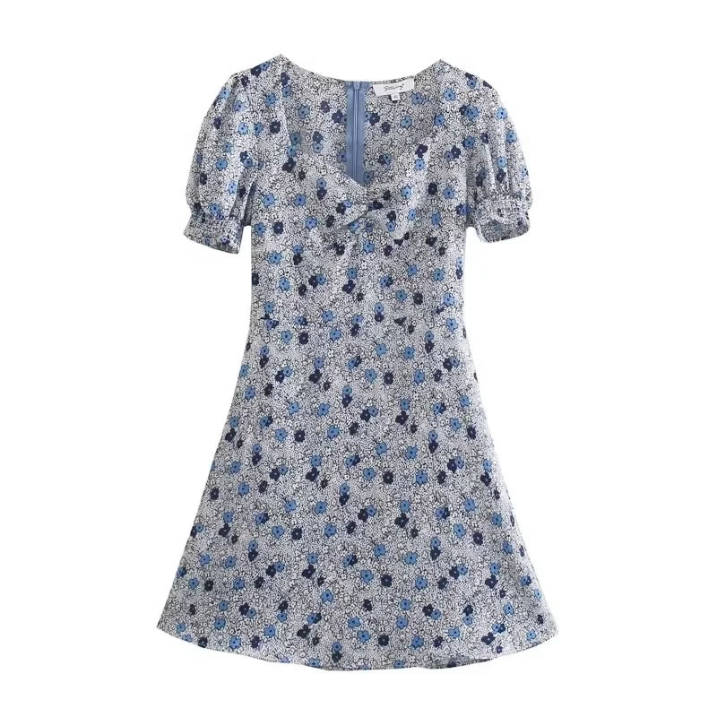 Fashion Blue Floral Square Neck Dress,Mini & Short Dresses