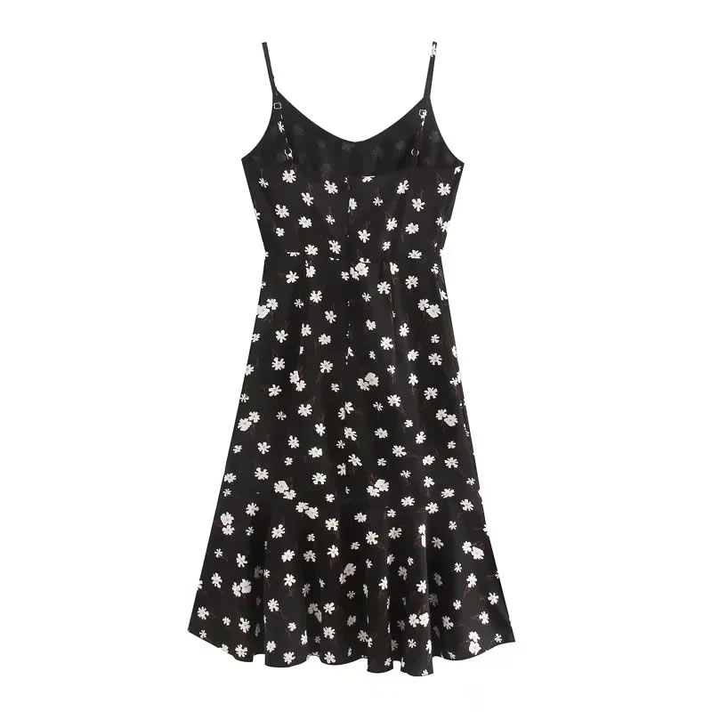 Fashion Black Satin-print Ruffled Slip Dress,Long Dress