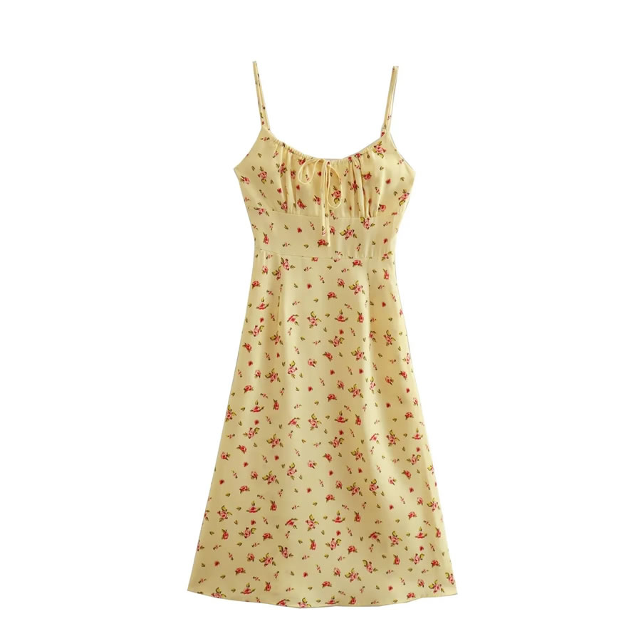 Fashion Yellow Hemp Print Slip Dress,Long Dress