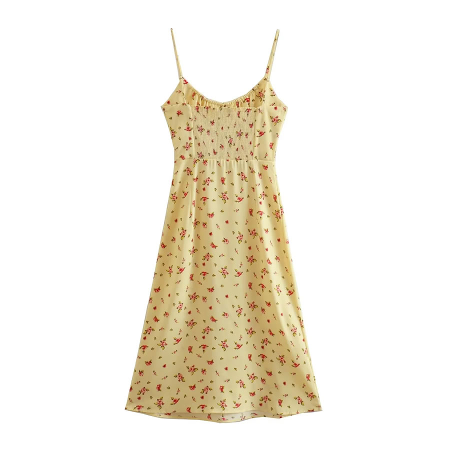 Fashion Yellow Hemp Print Slip Dress,Long Dress