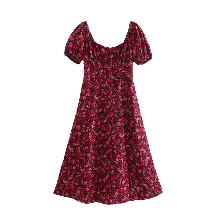 Fashion Red Chest Drawn Square Neck Slit Print Dress,Long Dress