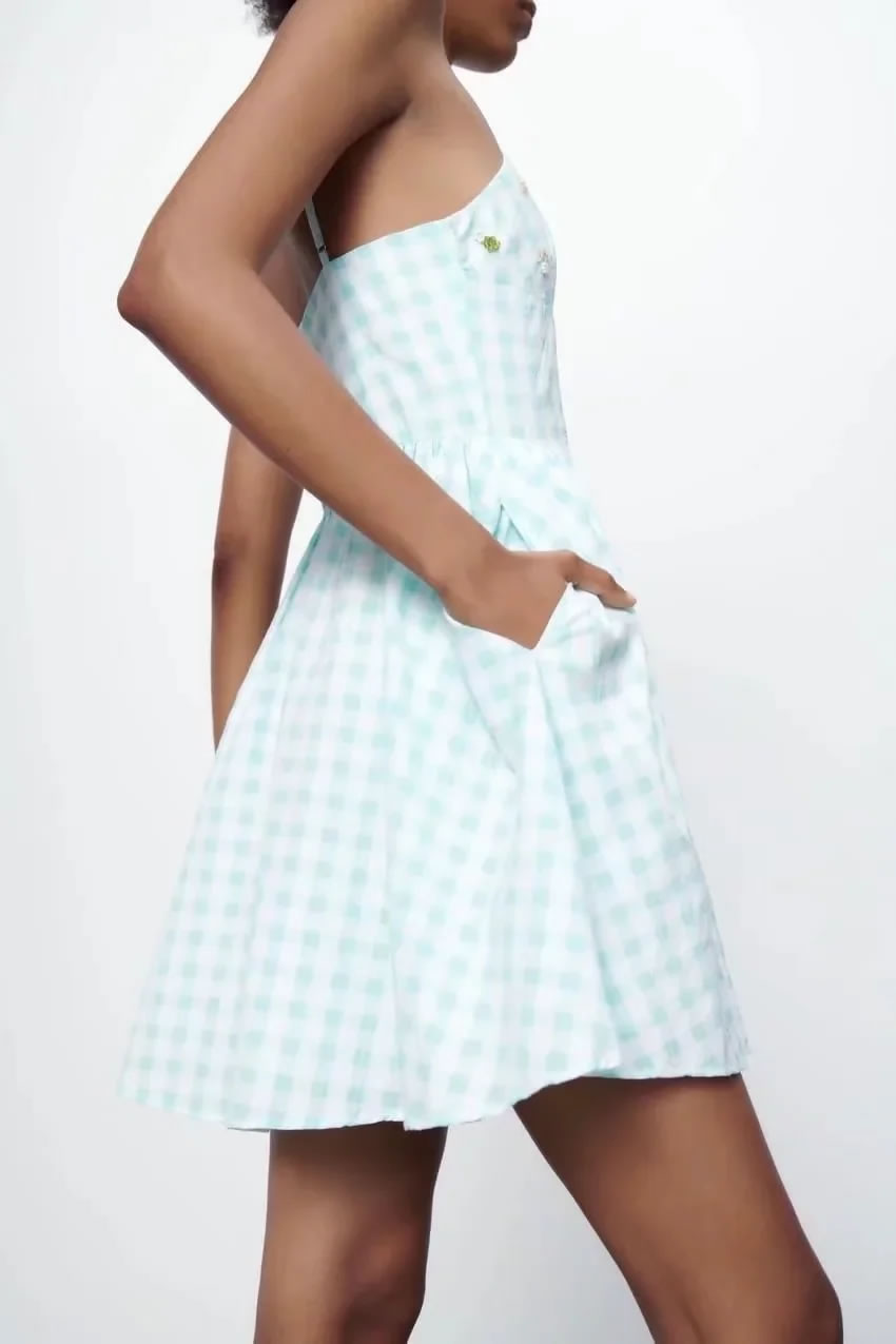 Fashion Blue Fabric Check Suspender Skirt,Mini & Short Dresses