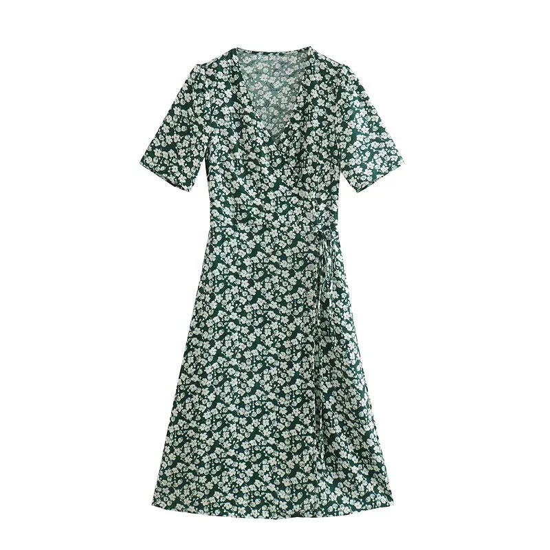 Fashion Green Geometric Print Lace-up V-neck Dress,Long Dress