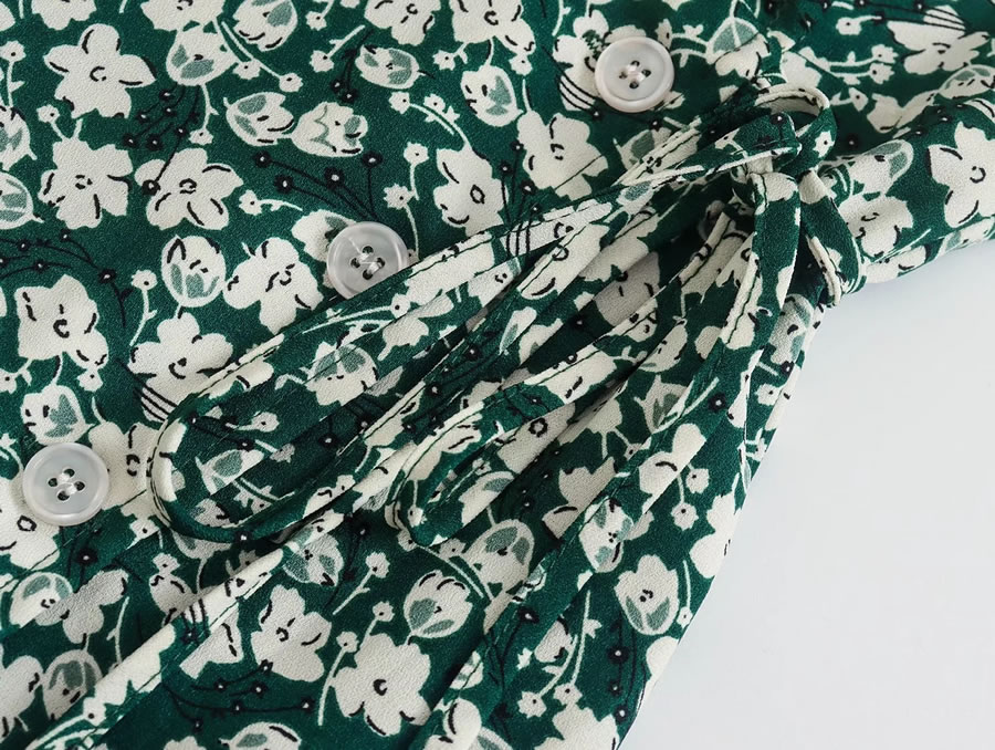 Fashion Green Geometric Print Lace-up V-neck Dress,Long Dress