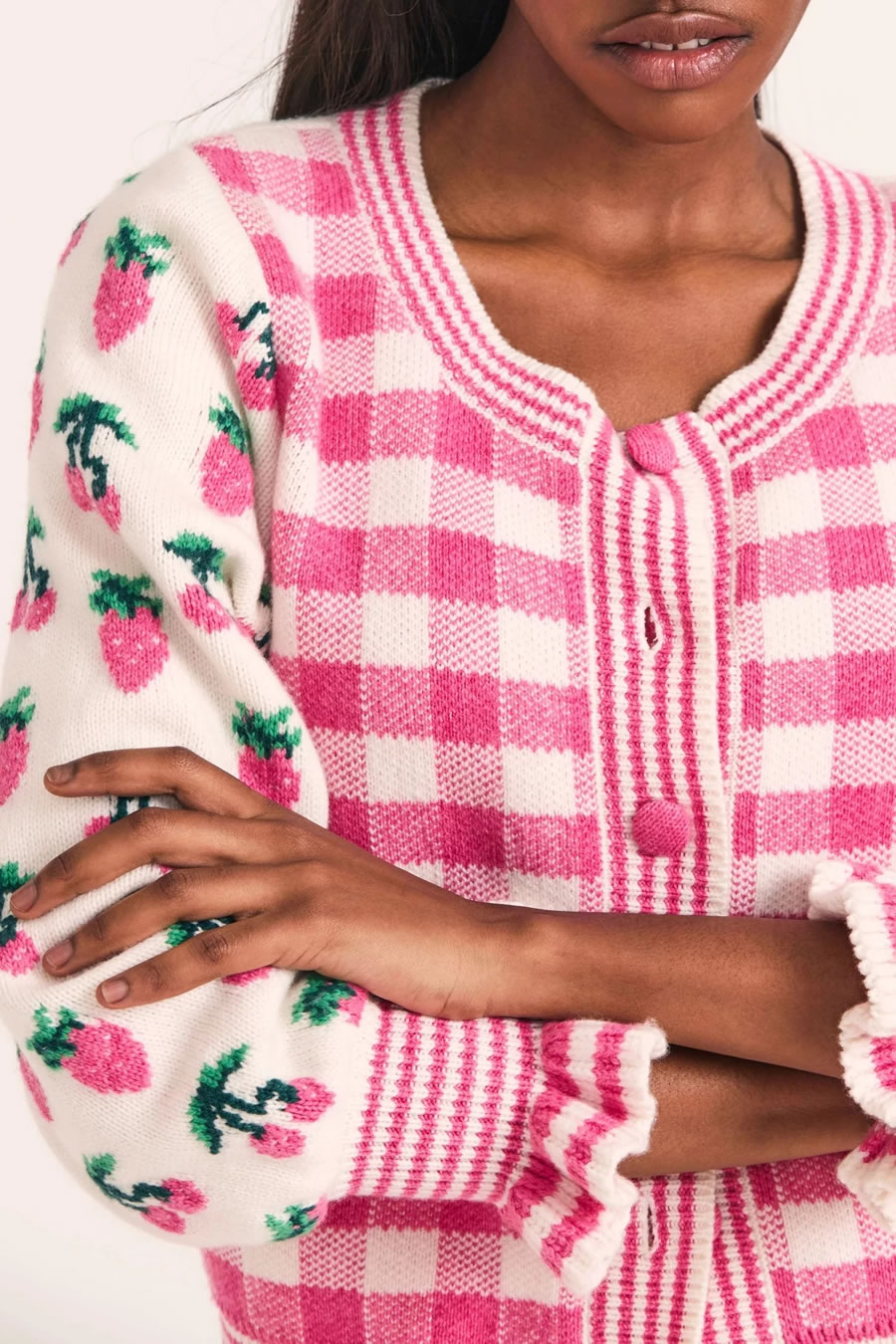 Fashion Pink Check Panel Cherry Print Breasted Knit Cardigan,Sweater