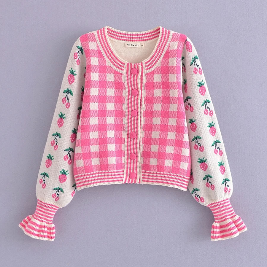 Fashion Pink Check Panel Cherry Print Breasted Knit Cardigan,Sweater
