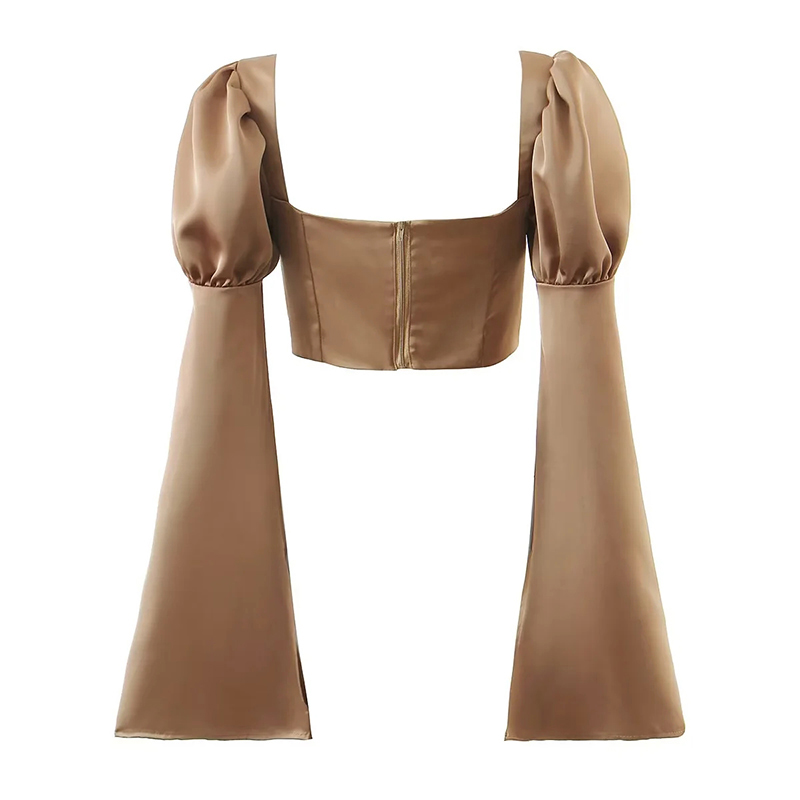 Fashion Brown Solid Square Neck Flared Sleeve Top,Blouses