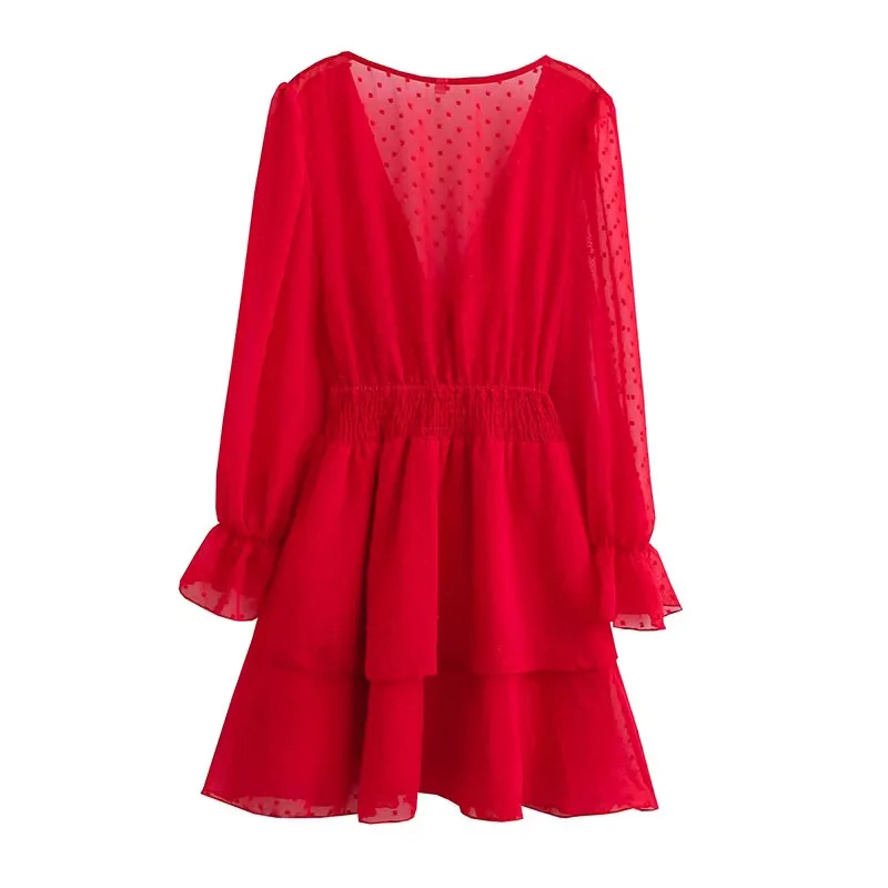 Fashion Big Red Chiffon Layered V-neck Knotted Dress,Mini & Short Dresses