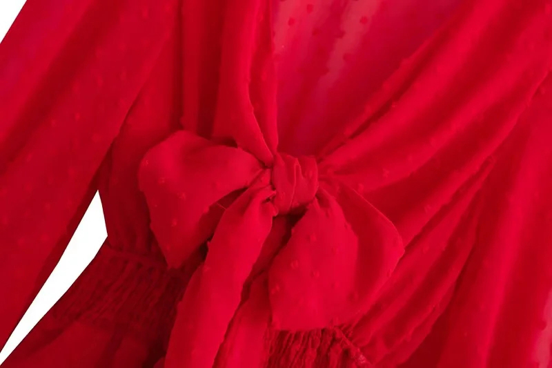 Fashion Big Red Chiffon Layered V-neck Knotted Dress,Mini & Short Dresses