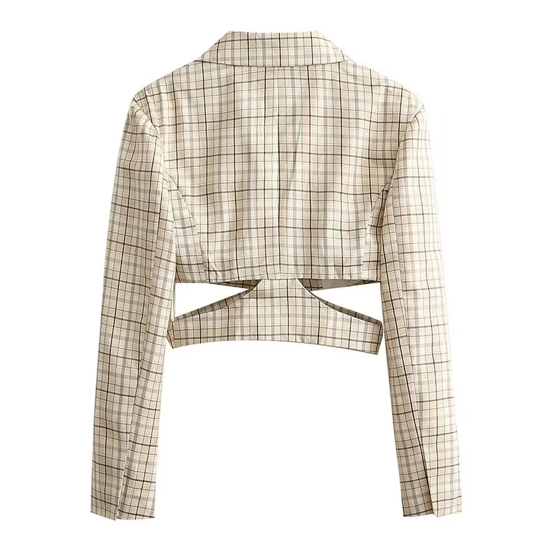 Fashion Khashoggi Checked Lapel Cropped Blazer,Coat-Jacket