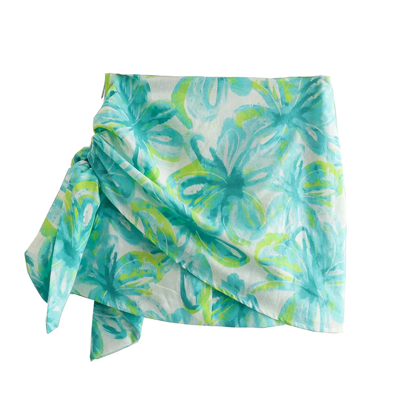 Fashion Green Linen Print Knotted Skirt,Skirts