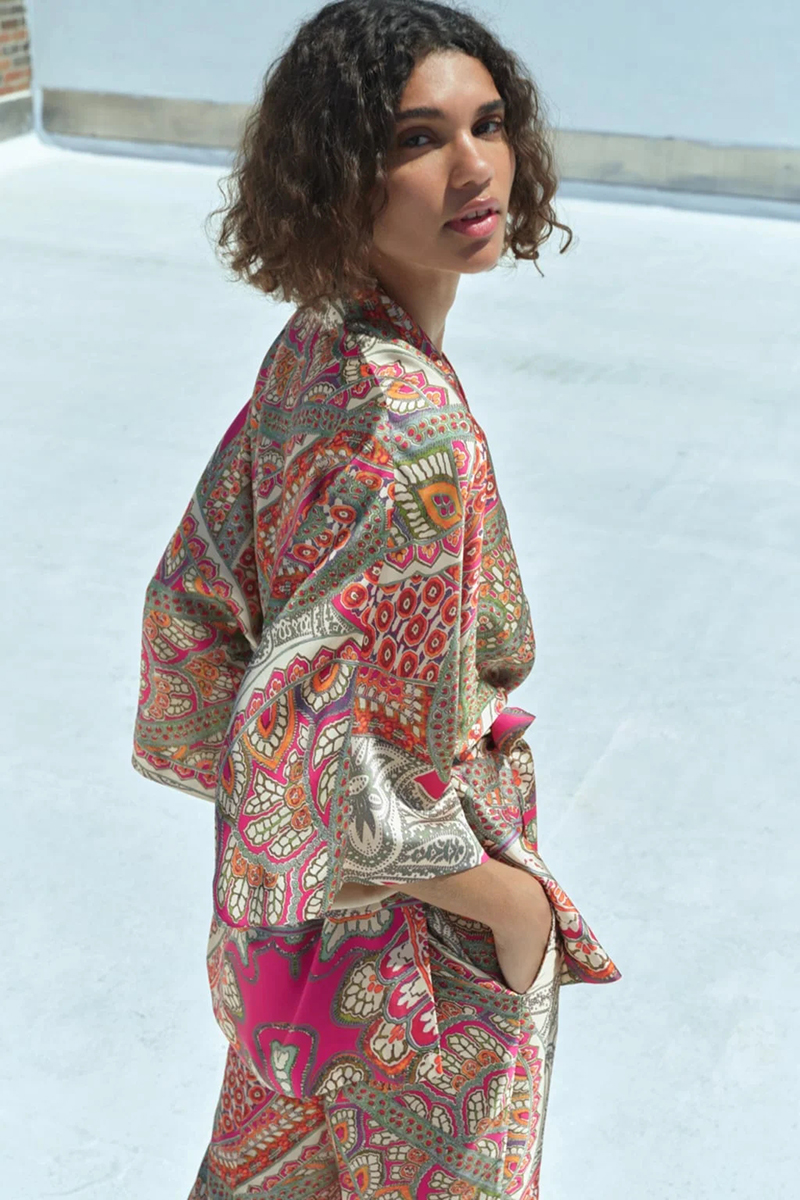 Fashion Printing Printed Belted Kimono Coat,Coat-Jacket