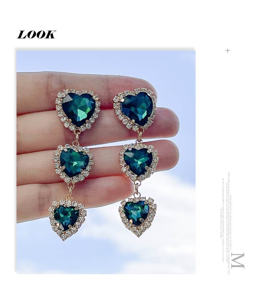 Fashion Green Alloy Diamond Heart Stud Earrings,Stud Earrings