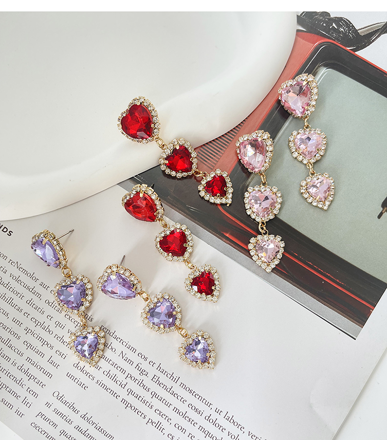 Fashion Pink Alloy Diamond Heart Stud Earrings,Stud Earrings