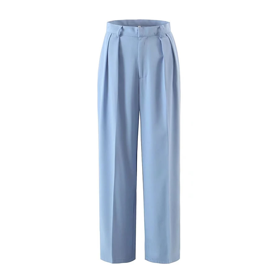 Fashion Blue Pleated Wide-leg Trousers,Pants