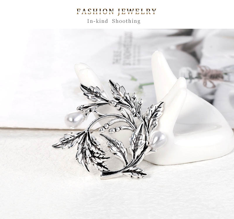 Fashion Silver Alloy Set Pearl Geometric Leaf Brooch,Korean Brooches