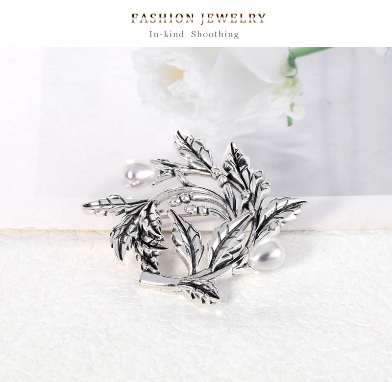 Fashion Silver Alloy Set Pearl Geometric Leaf Brooch,Korean Brooches